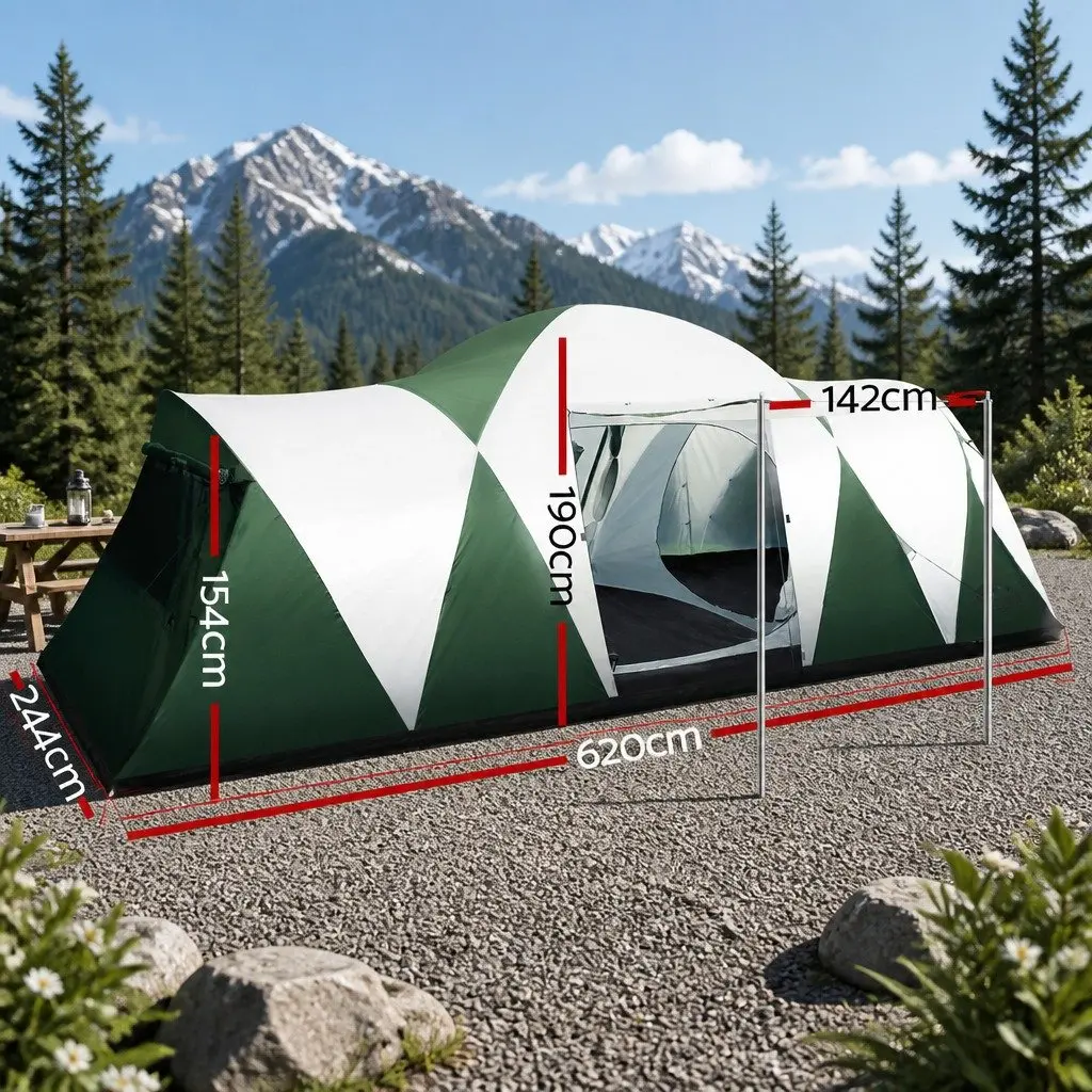 Dome Camping Tent Green Polyester 12 Person 3 Room Outdoor Shelter with Mesh Windows and Oversized Zipper Doors