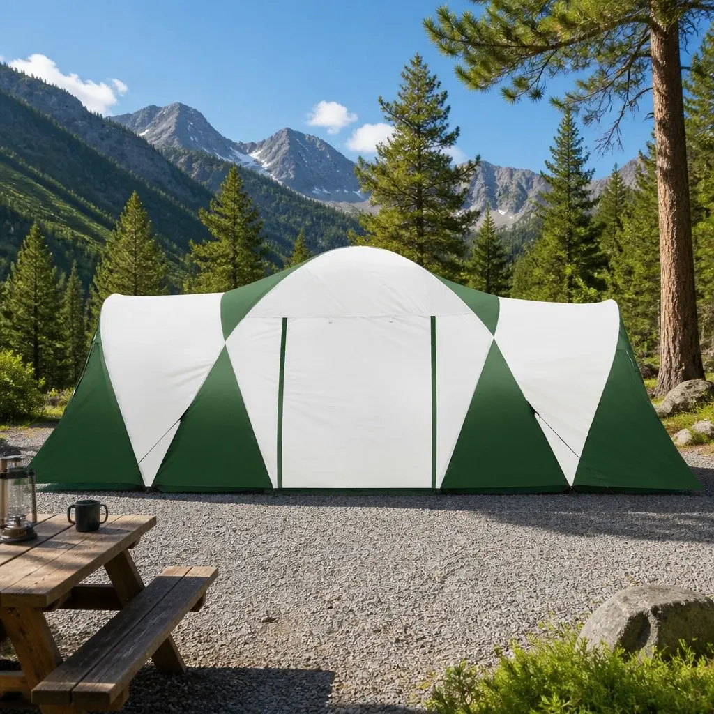 Dome Camping Tent Green Polyester 12 Person 3 Room Outdoor Shelter with Mesh Windows and Oversized Zipper Doors