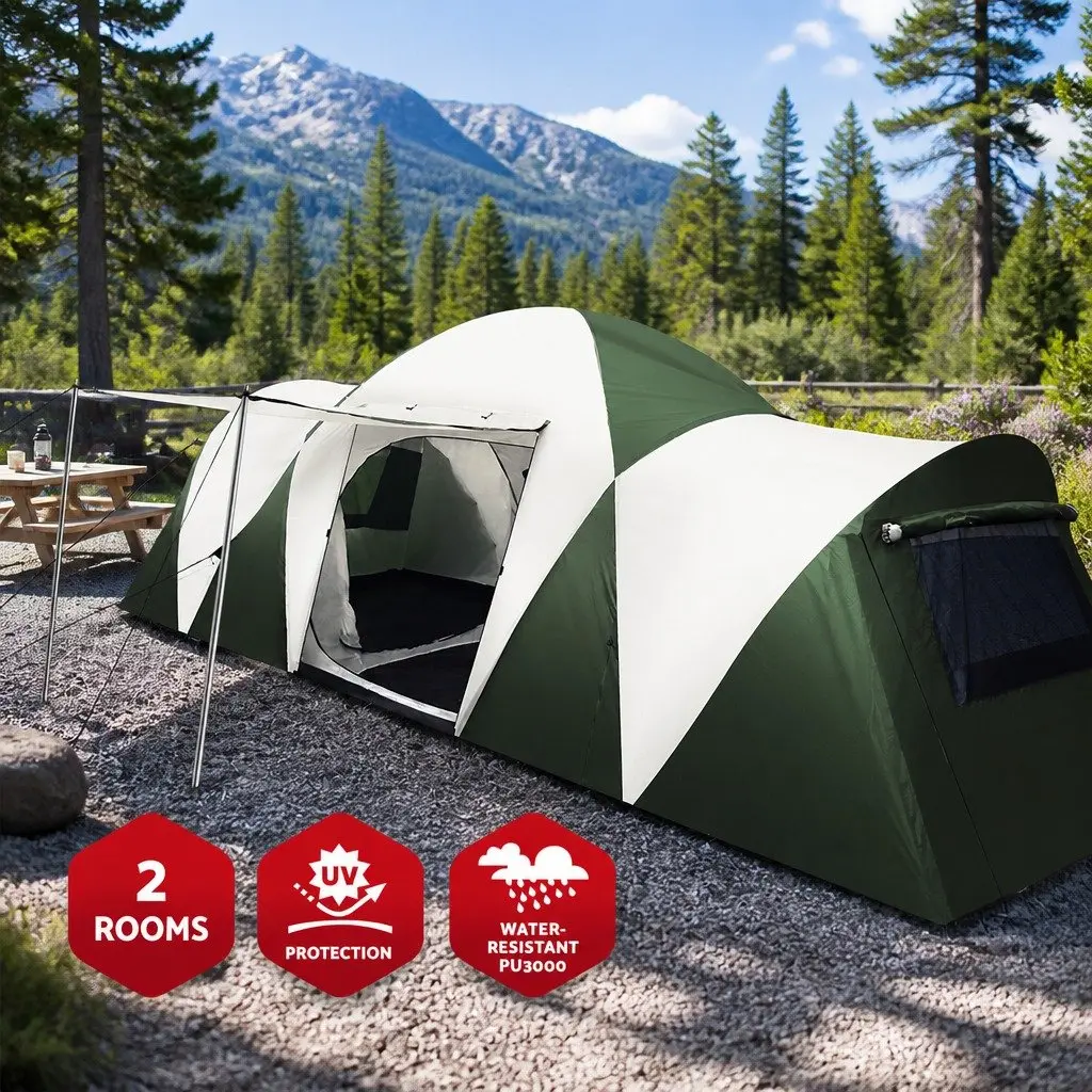 Dome Camping Tent Green Polyester 12 Person 3 Room Outdoor Shelter with Mesh Windows and Oversized Zipper Doors
