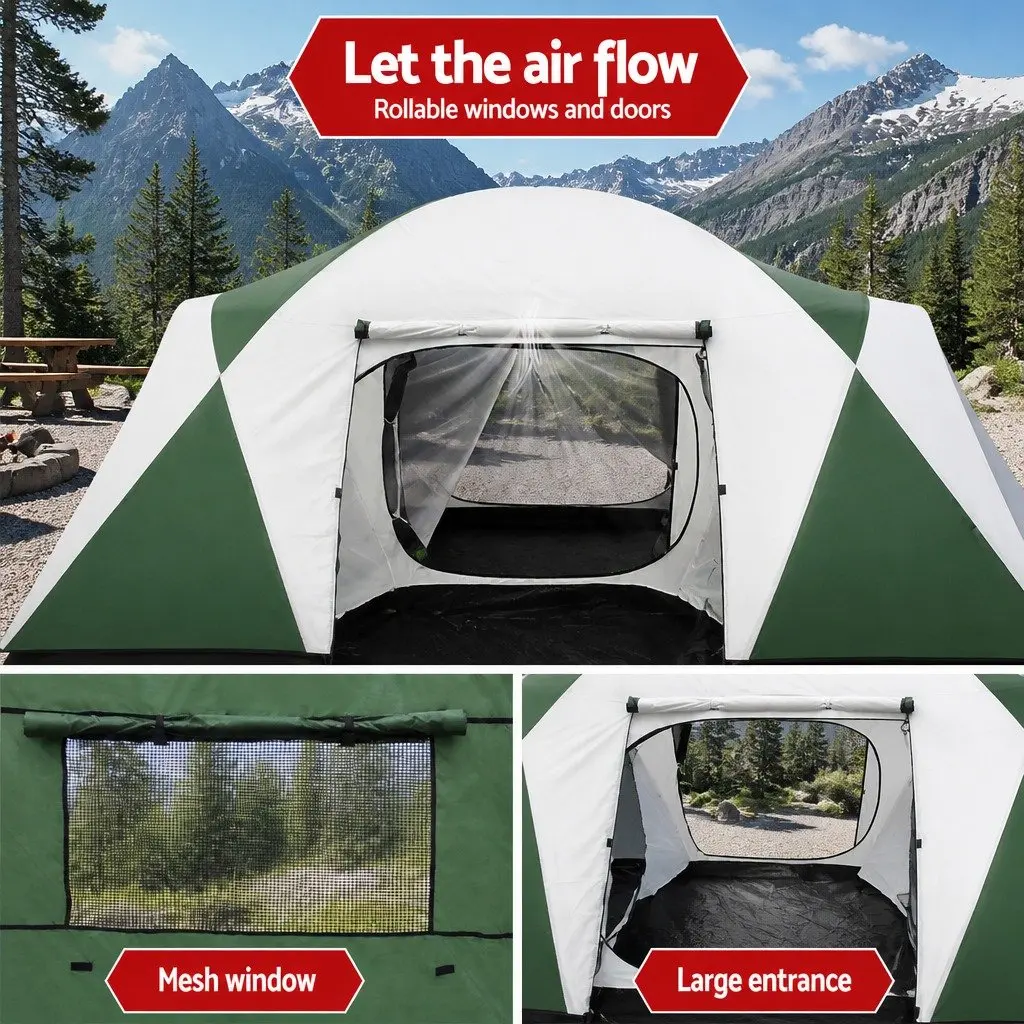 Dome Camping Tent Green Polyester 12 Person 3 Room Outdoor Shelter with Mesh Windows and Oversized Zipper Doors