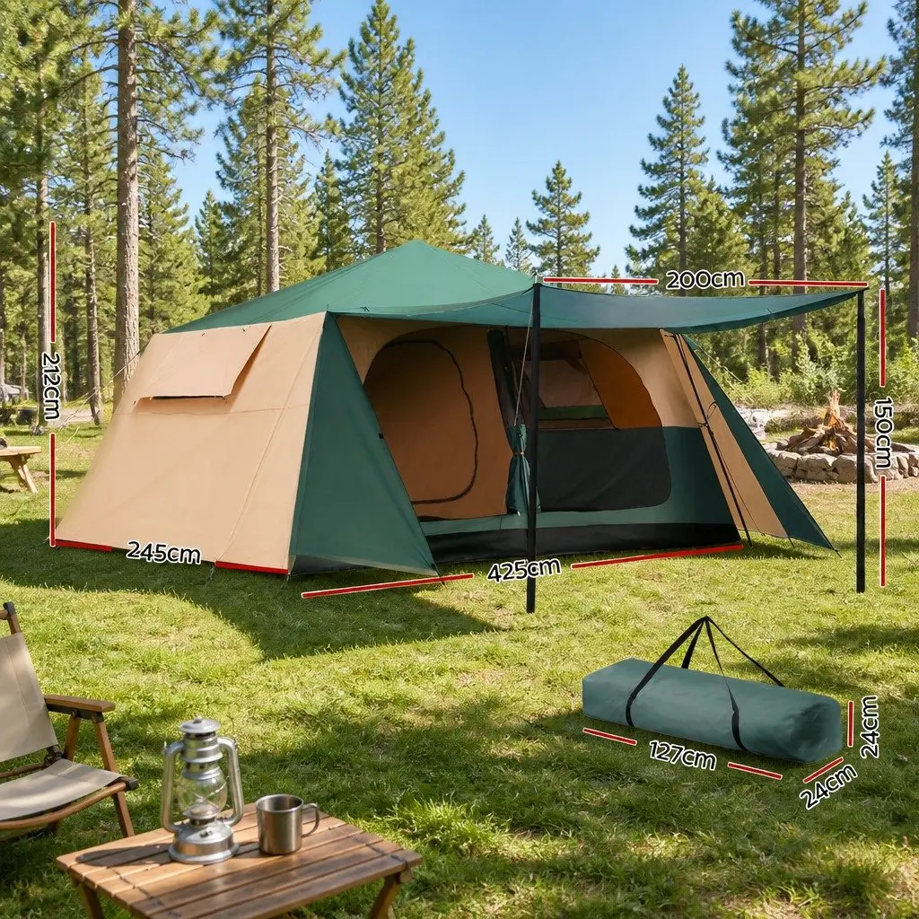 8 Person Dome Camping Tent Automatic Frame 425cm x 245cm x 212cm Green