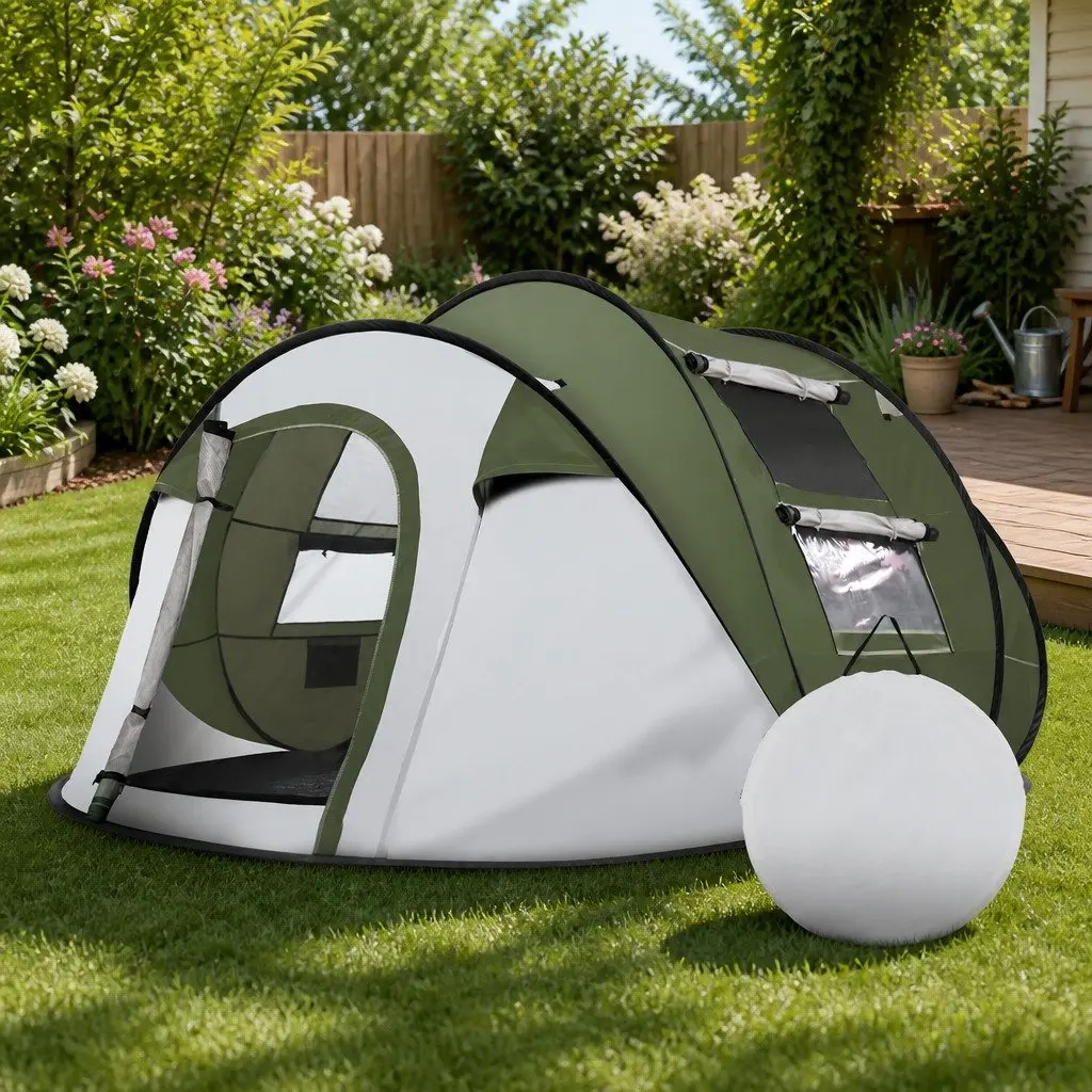 Camping Tent Instant Pop Up Dome Green 4-5 Person Size