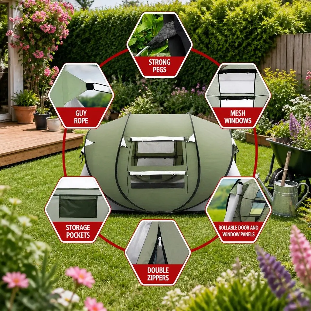 Camping Tent Instant Pop Up Dome Green 4-5 Person Size