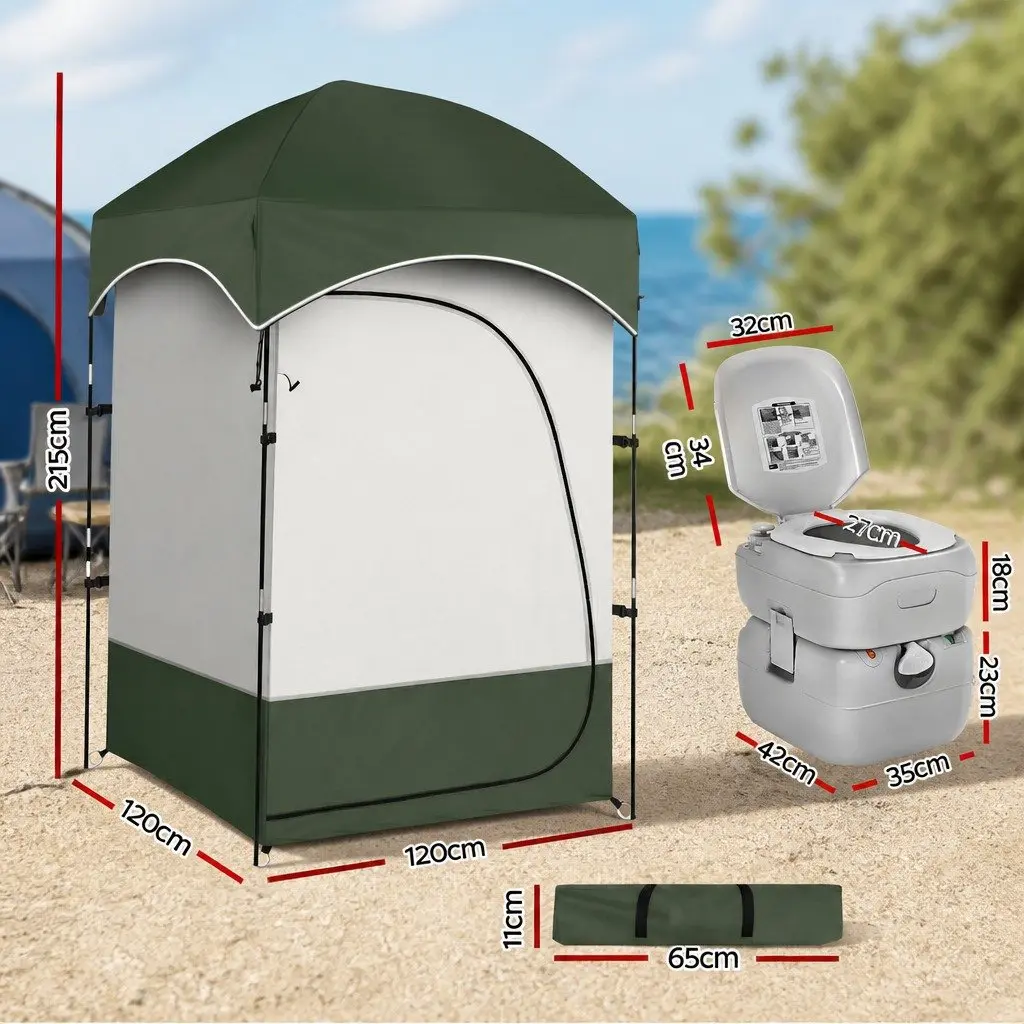 Portable Toilet and Shower Tent Set 22L Waste Tank 14L Freshwater Tank Grey and Green