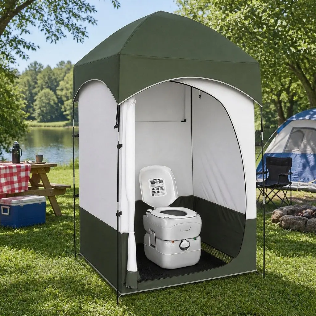 Portable Toilet and Shower Tent Set 22L Waste Tank 14L Freshwater Tank Grey and Green