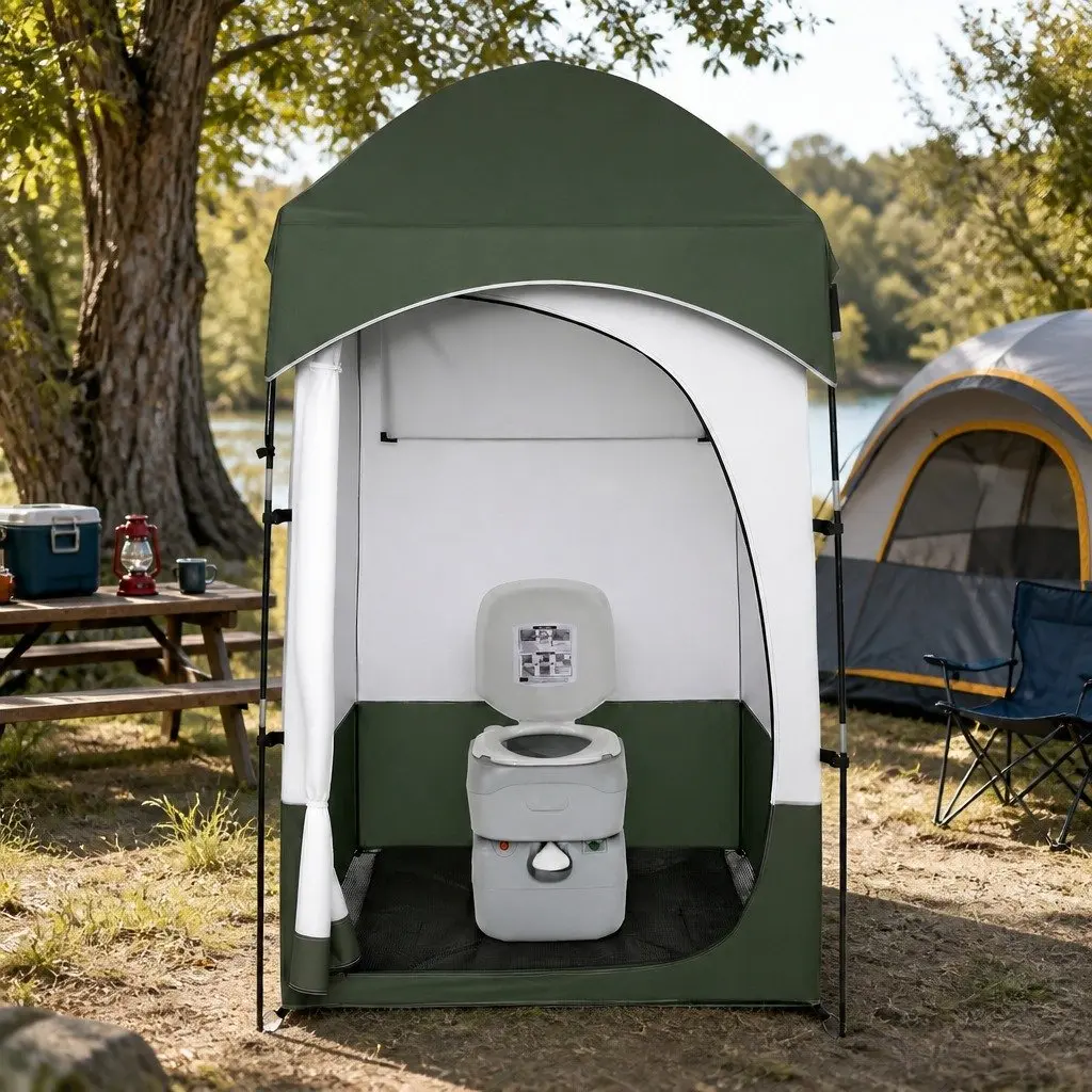 Portable Toilet and Shower Tent Set 22L Waste Tank 14L Freshwater Tank Grey and Green