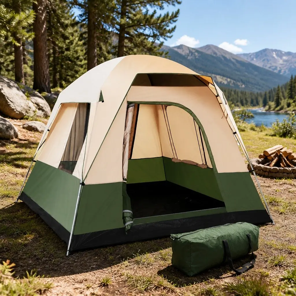 4 Person Tent Outdoor Shelter Green Polyester Spacious Water Resistant Family Hiking