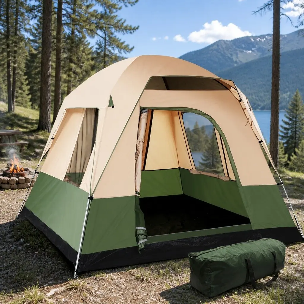 4 Person Tent Outdoor Shelter Green Polyester Spacious Water Resistant Family Hiking