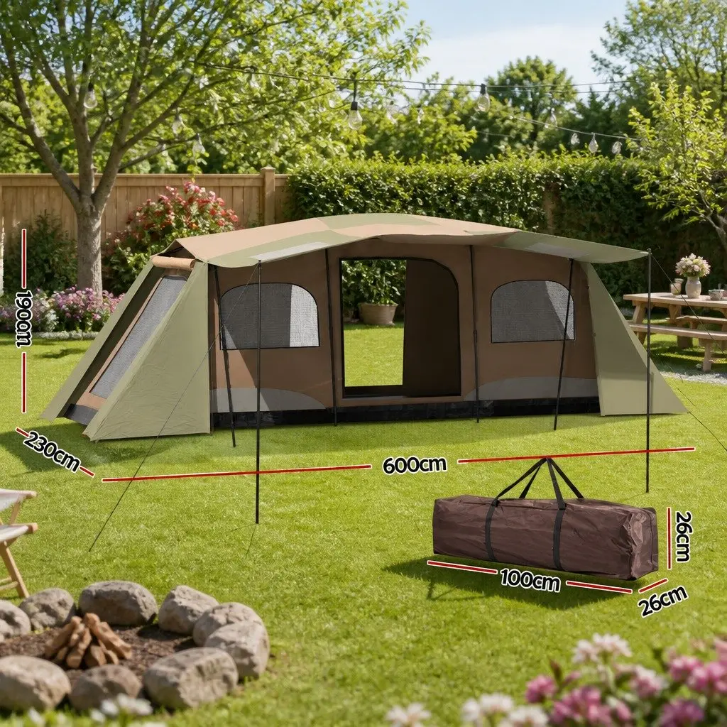10 Person Instant Up Camping Tent Polyester 600cm x 230cm x 190cm Brown