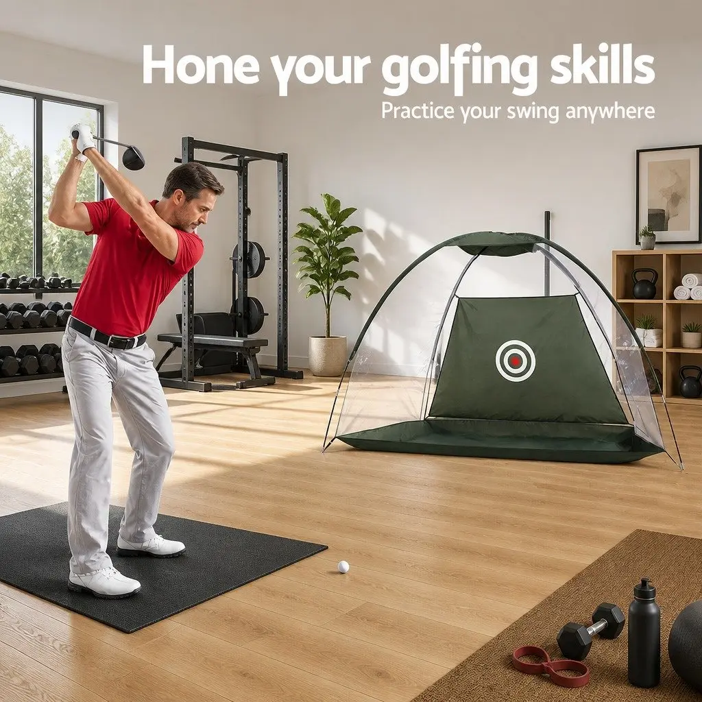 Golf Practice Net and Training Mat Set Indoor Outdoor Portable Dark Green and Green