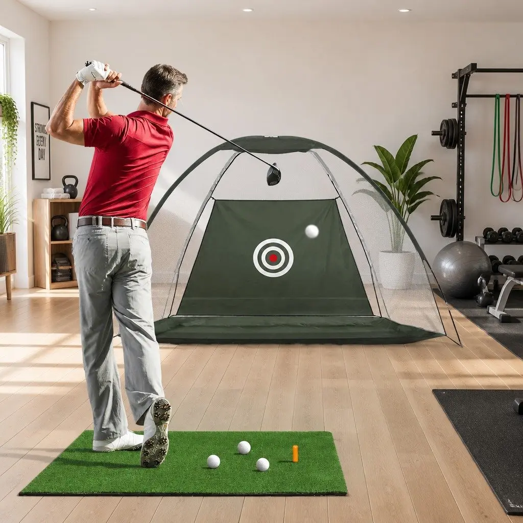 Golf Practice Net and Training Mat Set Indoor Outdoor Portable Dark Green and Green