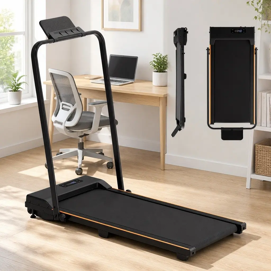 3-in-1 Walking Pad Treadmill Foldable Under Desk 90 x 38 cm Black Orange