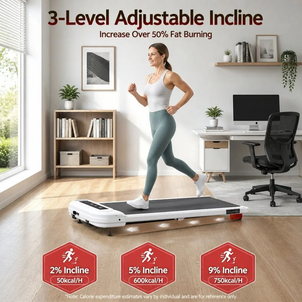 Electric Treadmill Walking Pad Compact Under Desk White 3 Levels Incline