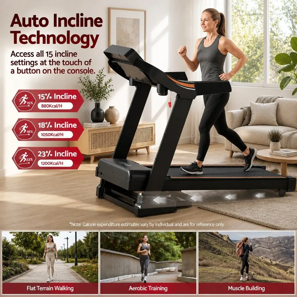 Electric Treadmill Automatic Incline 15 Level 168cm Black