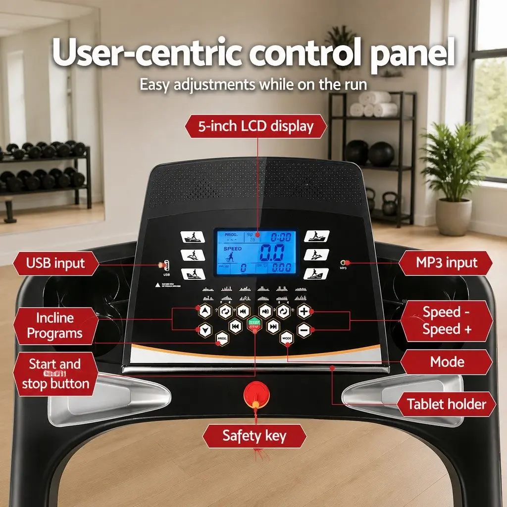 Electric Treadmill Powder-coated Steel Frame 125cm x 48cm Black and White