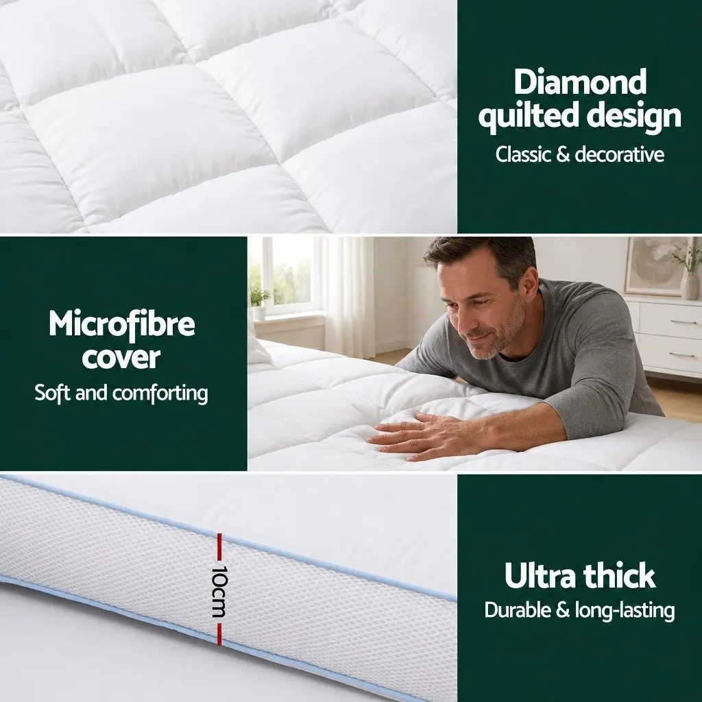 Pillowtop Mattress Topper White 10cm Thick Double Bed Cooling Microfibre Cover Deep Pocket