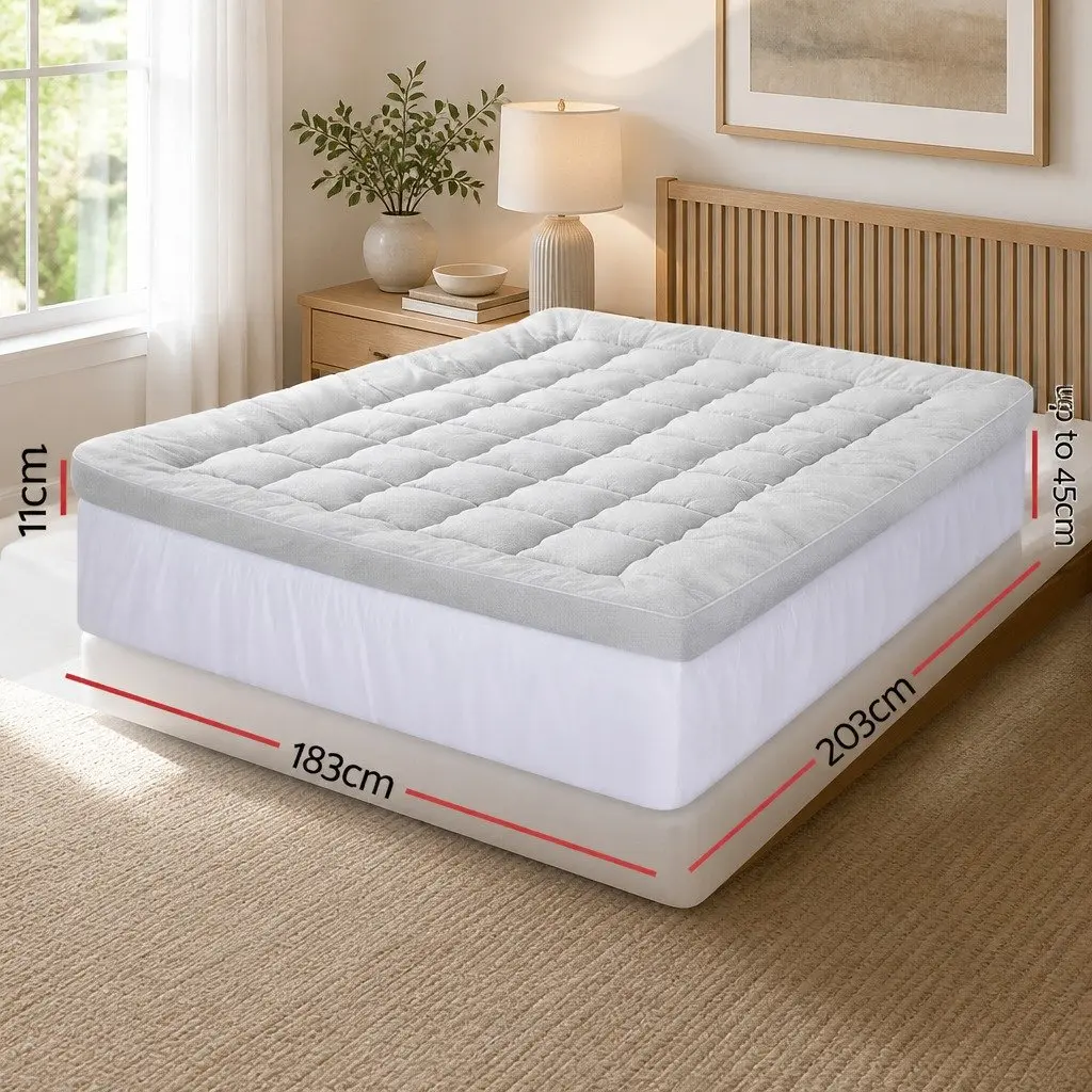 King Size Mattress Topper Bamboo Blend Fabric 11cm Thick Pillowtop White Pressure Relief Washable