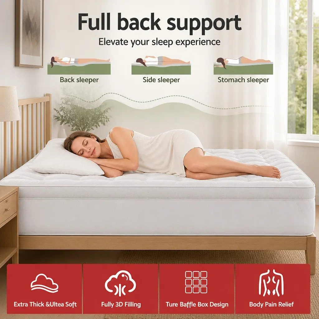 King Size Mattress Topper Bamboo Blend Fabric 11cm Thick Pillowtop White Pressure Relief Washable