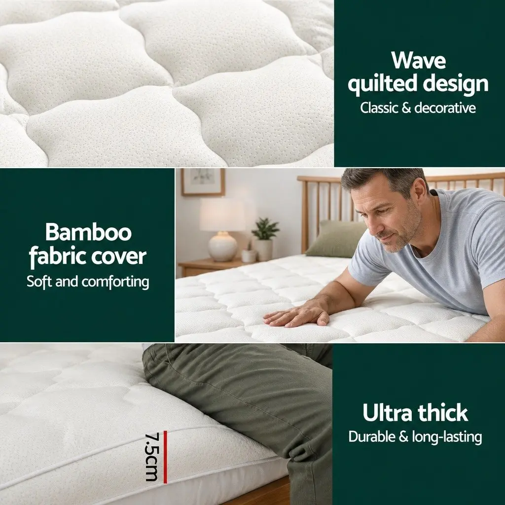 King Mattress Topper 7.5cm Thick Microfibre Fill Bamboo Cover White