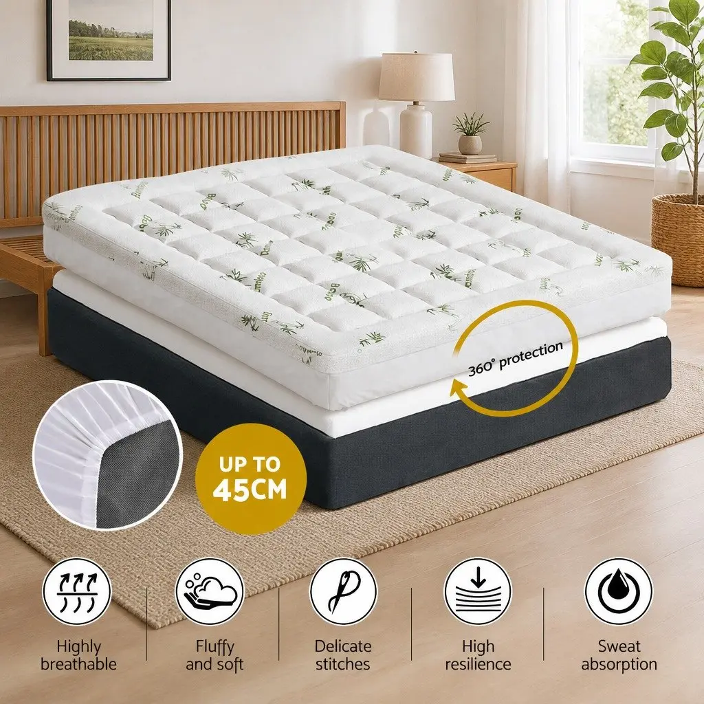 King Mattress Topper 7.5cm Thick Microfibre Fill Bamboo Cover White