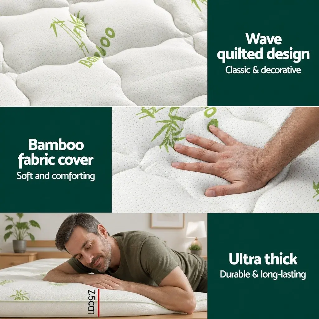 King Mattress Topper 7.5cm Thick Microfibre Fill Bamboo Cover White