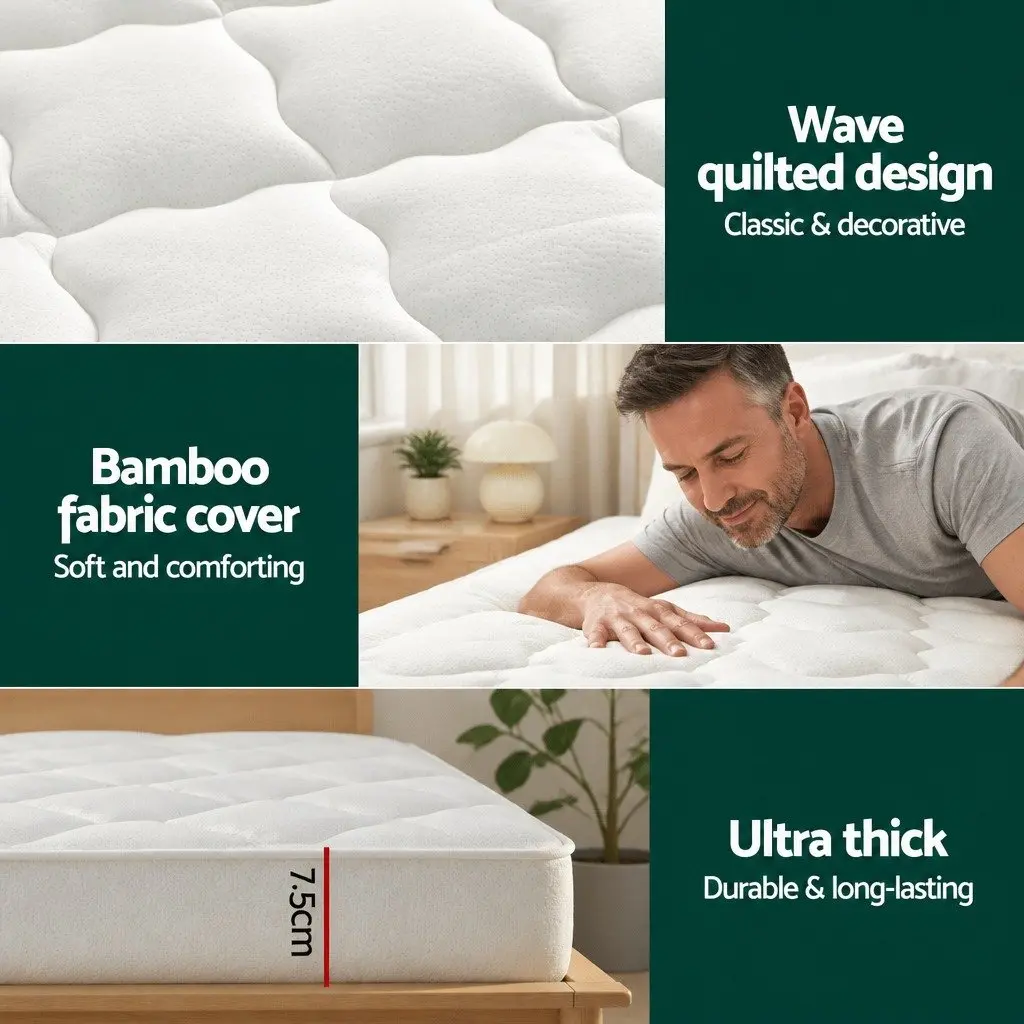 Mattress Topper Pillowtop Bamboo Cover Queen Size 7.5cm Thick Washable Microfibre White