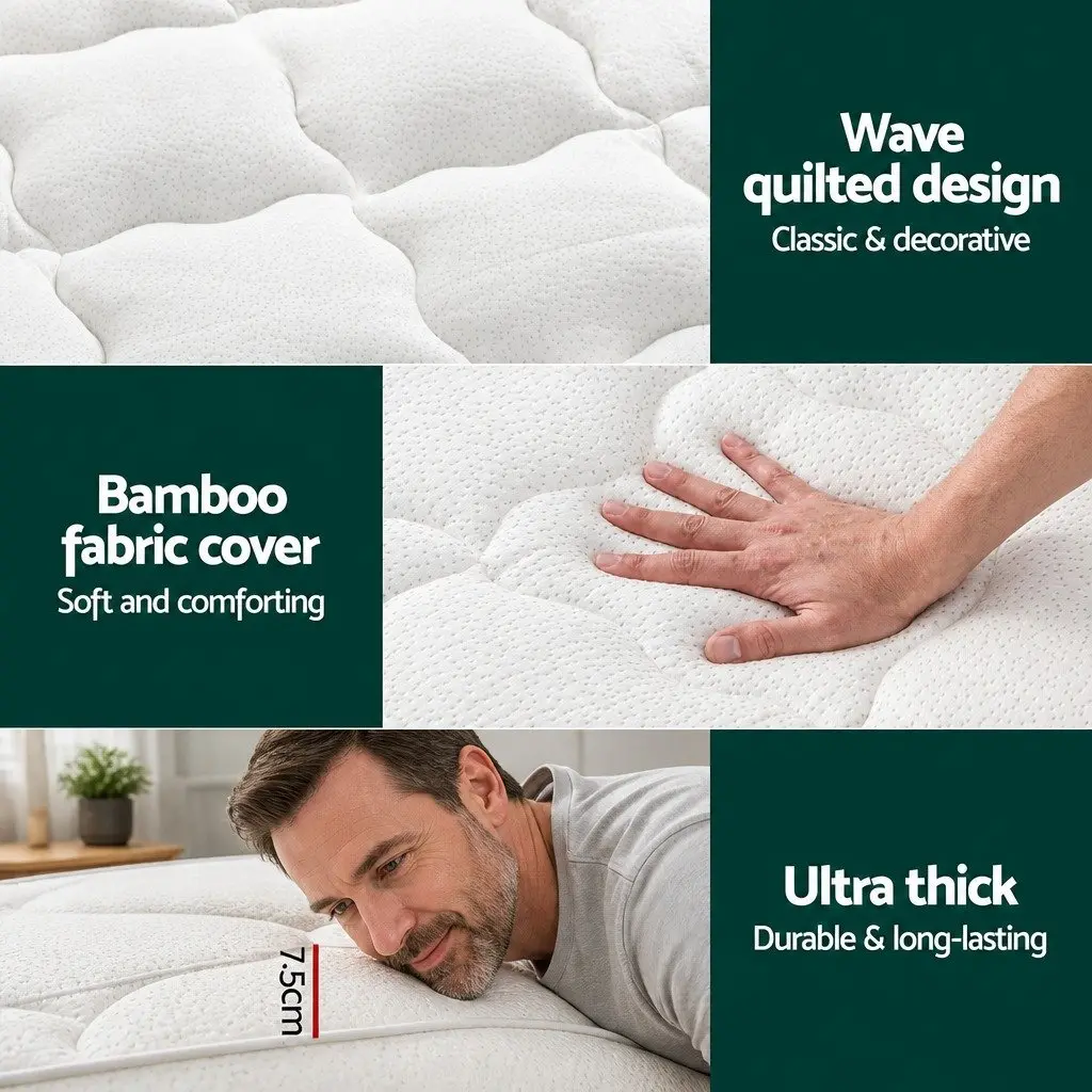 Mattress Topper Pillowtop Bamboo Cover Queen Size 7.5cm Thick Washable Microfibre White