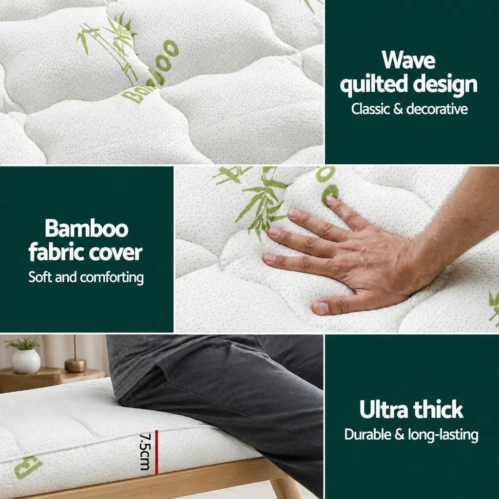 Pillowtop Mattress Topper Bamboo Cover 7.5cm Single Bed Pad White