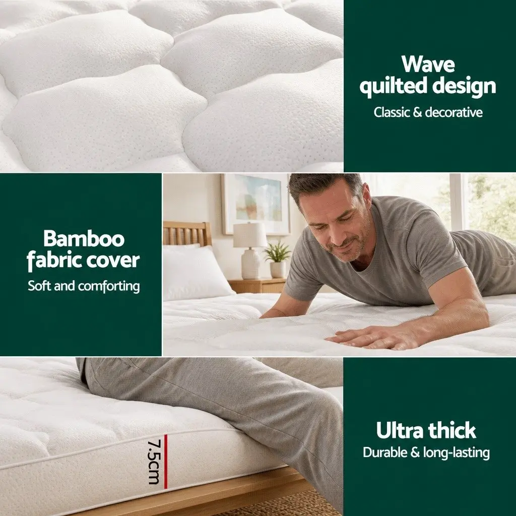 Pillowtop Mattress Topper Bamboo Cover 7.5cm Single Bed Pad White