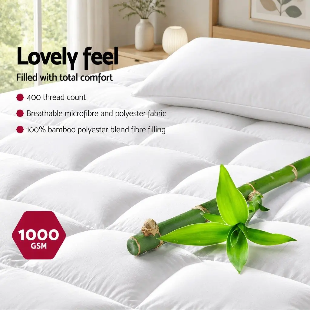 Double Mattress Topper Bamboo Charcoal Microfibre 5cm Thick White 45cm Deep