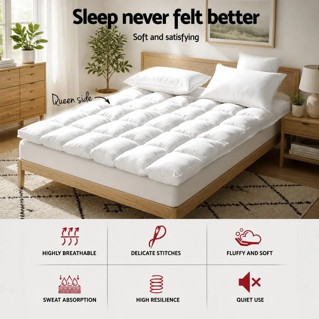 Queen Mattress Topper 5cm Bamboo Pillowtop Pad Pressure Relief Breathable
