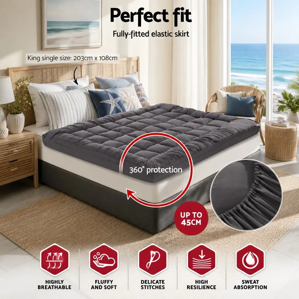 King Single Mattress Topper 5cm Thick Bamboo Charcoal Microfibre Grey
