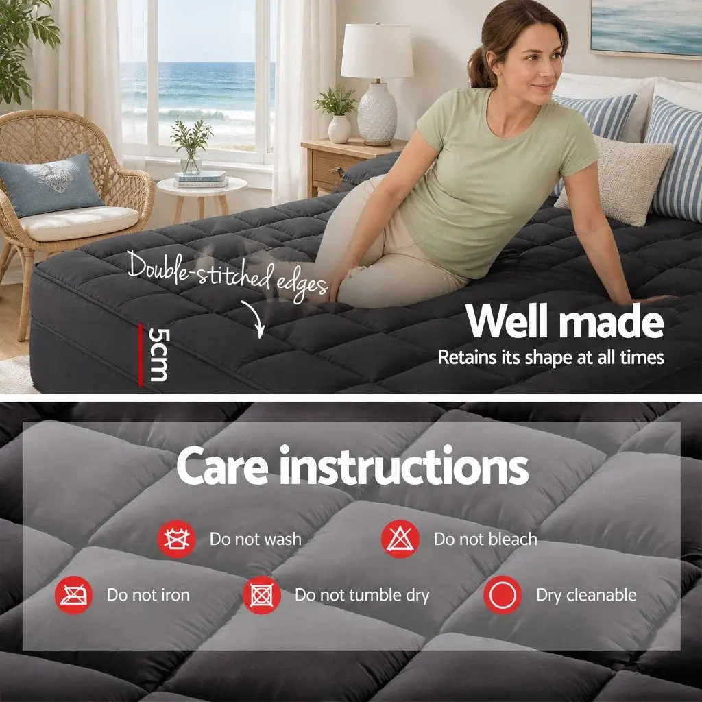 King Single Mattress Topper 5cm Thick Bamboo Charcoal Microfibre Grey