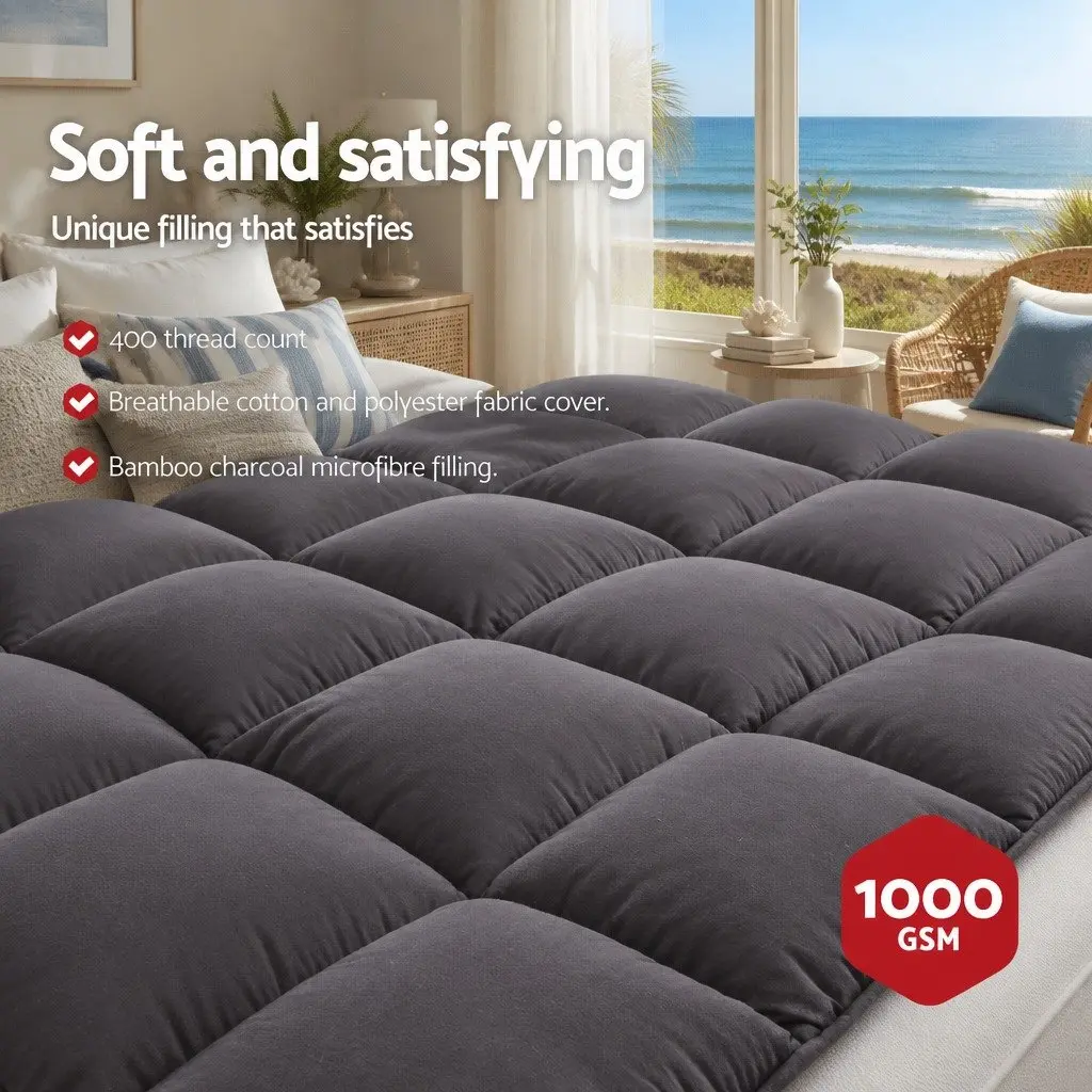 King Single Mattress Topper 5cm Thick Bamboo Charcoal Microfibre Grey