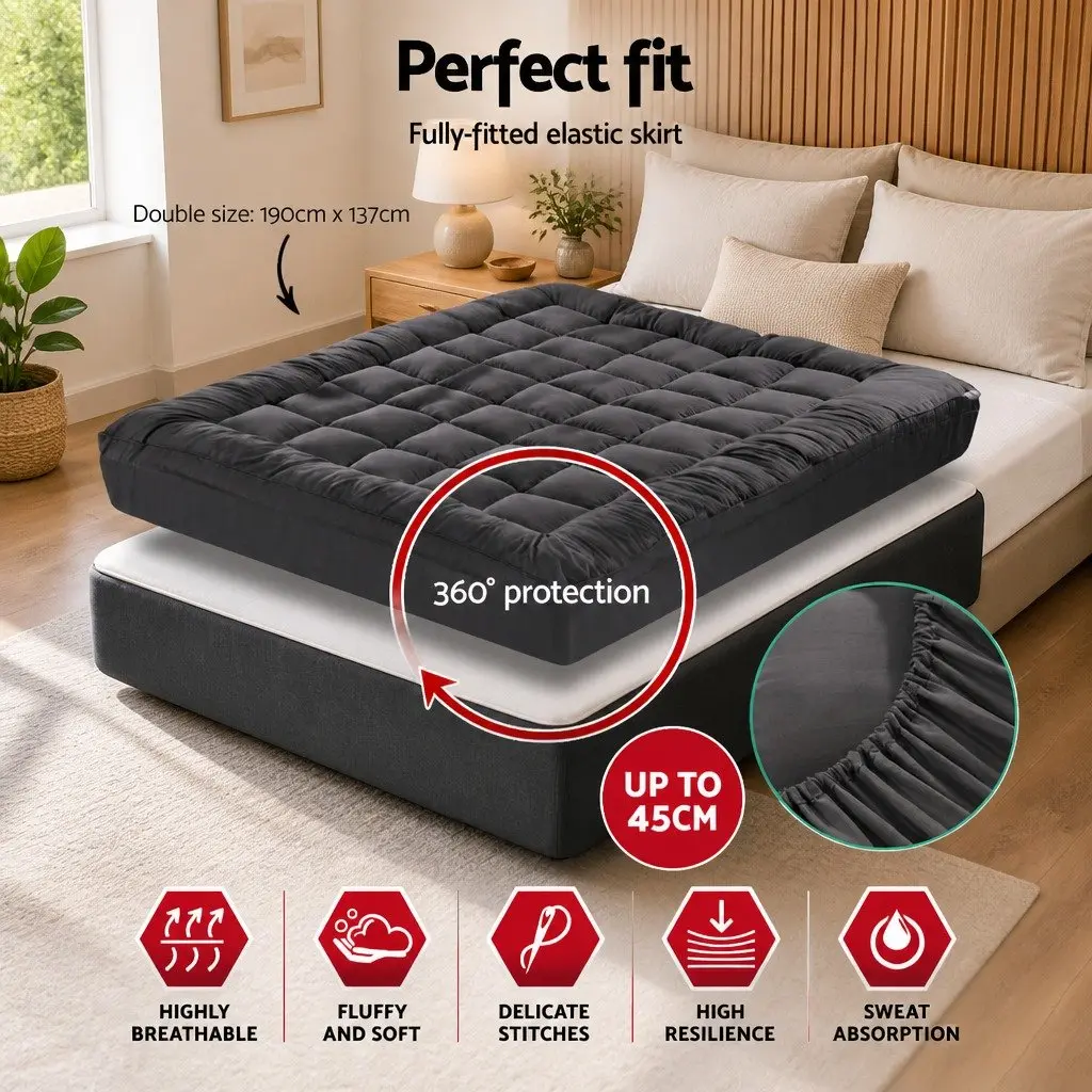 Double Bed Mattress Topper Grey Bamboo Charcoal Microfibre Cooling Pad 5cm Thick Pillowtop Antibacterial Relief
