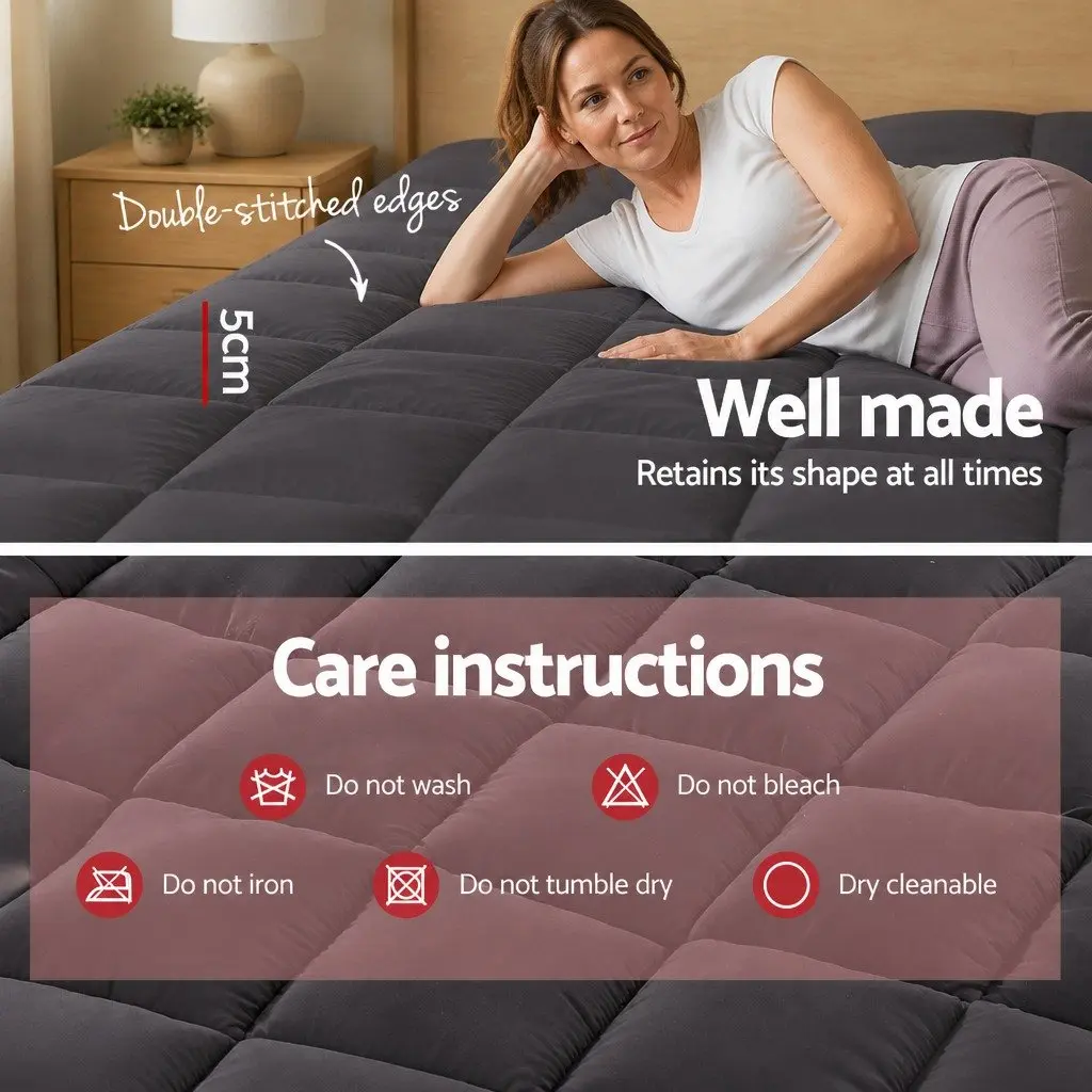 Double Bed Mattress Topper Grey Bamboo Charcoal Microfibre Cooling Pad 5cm Thick Pillowtop Antibacterial Relief