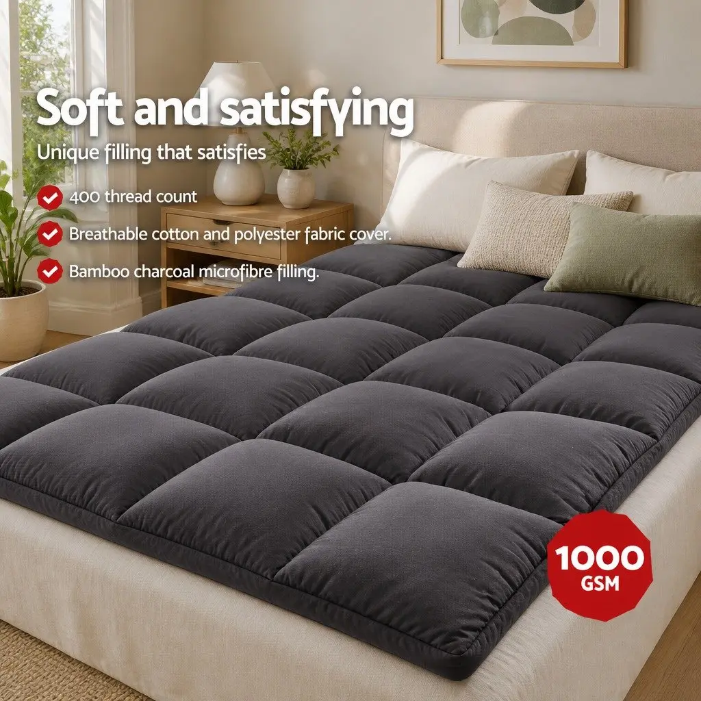 Double Bed Mattress Topper Grey Bamboo Charcoal Microfibre Cooling Pad 5cm Thick Pillowtop Antibacterial Relief
