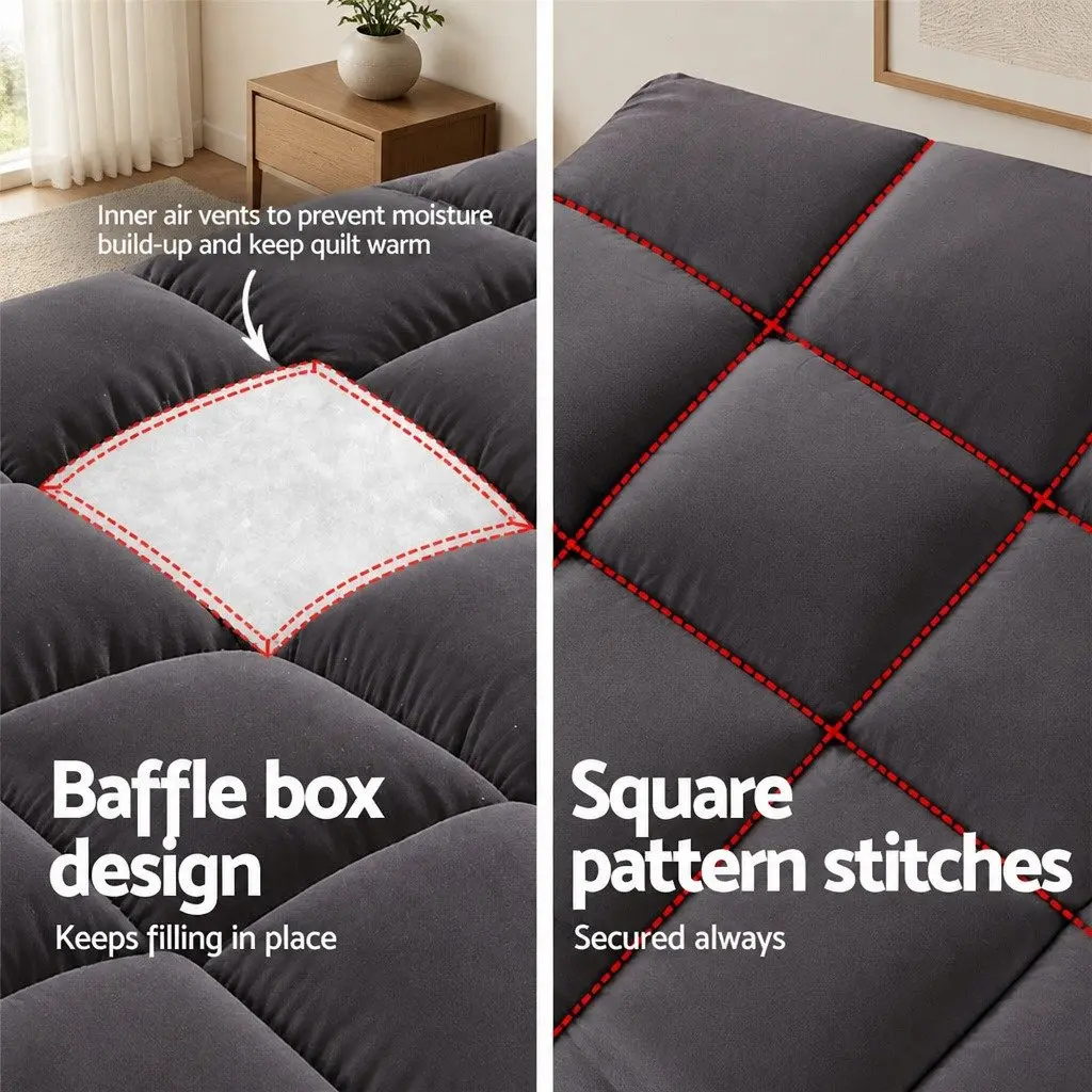 Double Bed Mattress Topper Grey Bamboo Charcoal Microfibre Cooling Pad 5cm Thick Pillowtop Antibacterial Relief