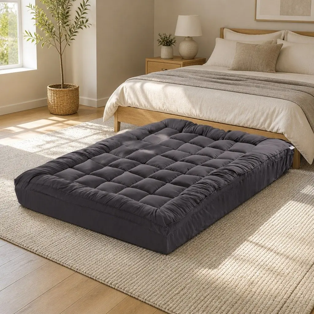 Double Bed Mattress Topper Grey Bamboo Charcoal Microfibre Cooling Pad 5cm Thick Pillowtop Antibacterial Relief