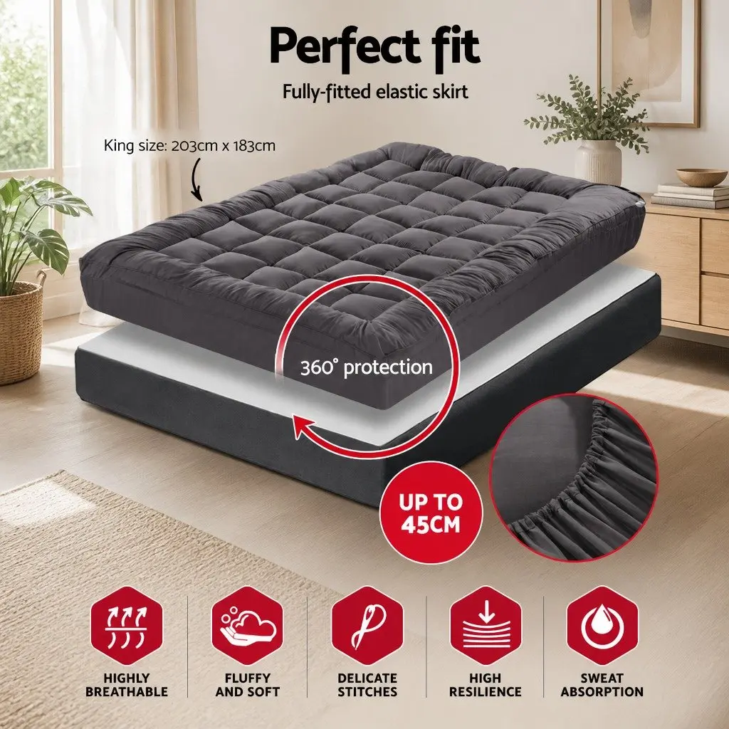 King Size Mattress Topper Grey Bamboo Charcoal Microfibre Pillowtop 5cm Thick 45cm Deep Pocket