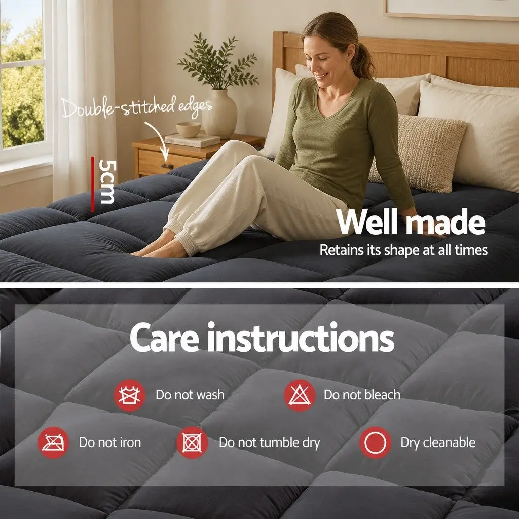 King Size Mattress Topper Grey Bamboo Charcoal Microfibre Pillowtop 5cm Thick 45cm Deep Pocket