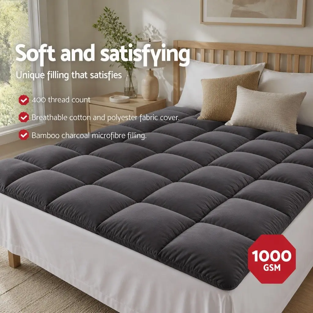 King Size Mattress Topper Grey Bamboo Charcoal Microfibre Pillowtop 5cm Thick 45cm Deep Pocket