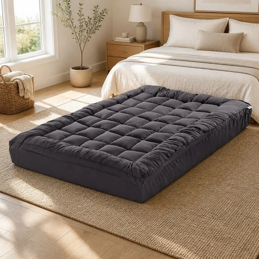 King Size Mattress Topper Grey Bamboo Charcoal Microfibre Pillowtop 5cm Thick 45cm Deep Pocket