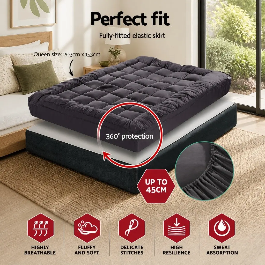 Mattress Topper Bamboo Charcoal Microfibre 5cm Deep Pocket Queen Grey