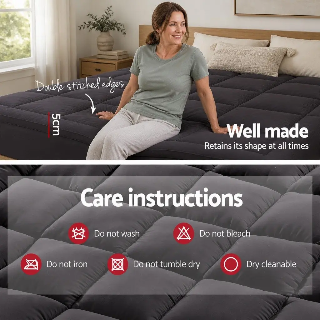 Mattress Topper Bamboo Charcoal Microfibre 5cm Deep Pocket Queen Grey