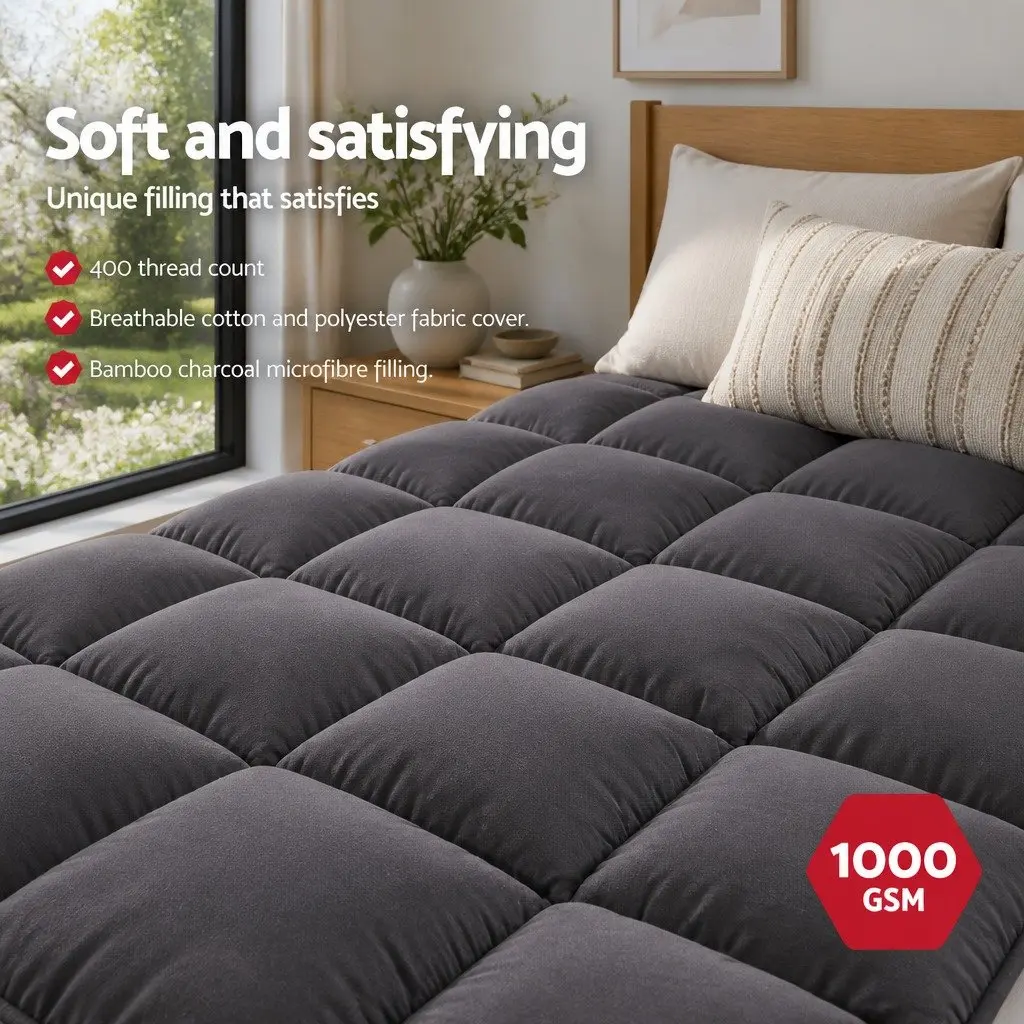 Mattress Topper Bamboo Charcoal Microfibre 5cm Deep Pocket Queen Grey