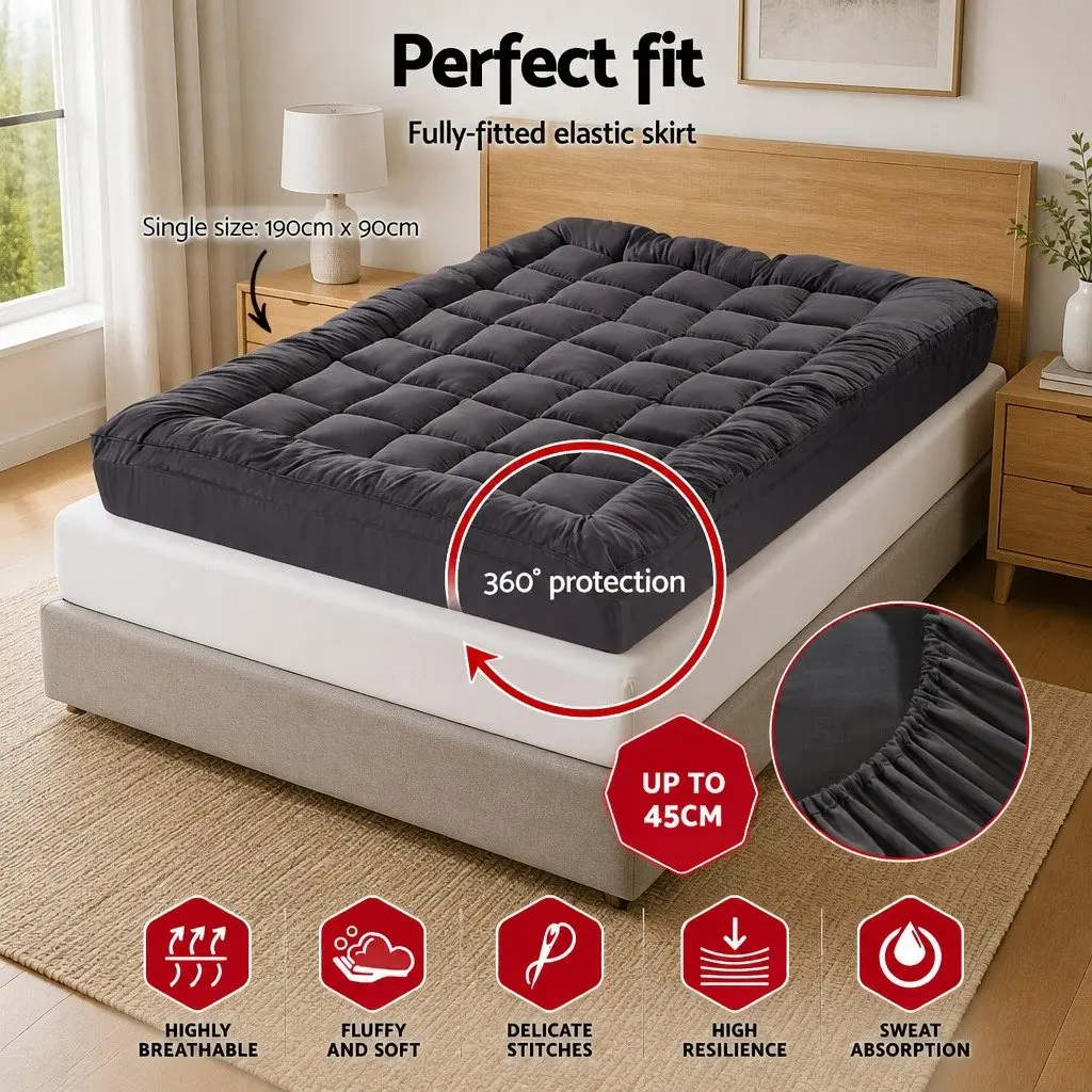 Single Mattress Topper 5cm Thick Pillowtop Bamboo Charcoal Microfibre Grey 190x90cm