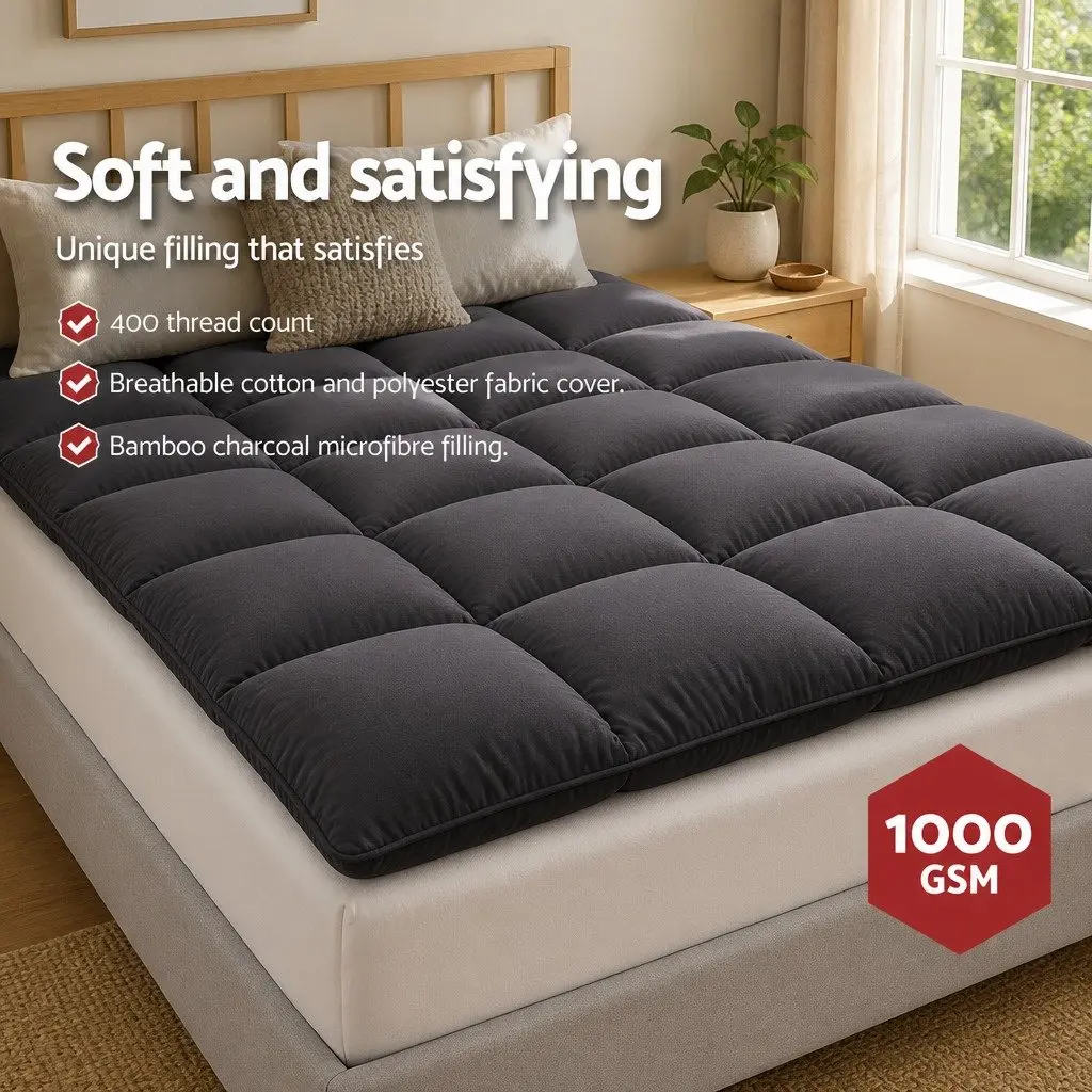 Single Mattress Topper 5cm Thick Pillowtop Bamboo Charcoal Microfibre Grey 190x90cm