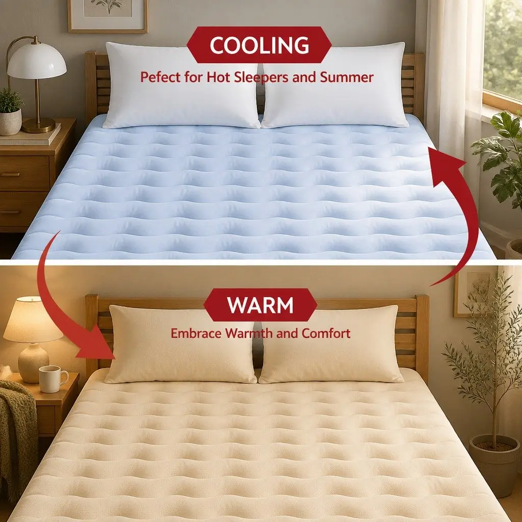 King Size Mattress Topper 5cm Reversible Cooling Coral Fleece Pad with 1000GSM Hollow Fibre Filling