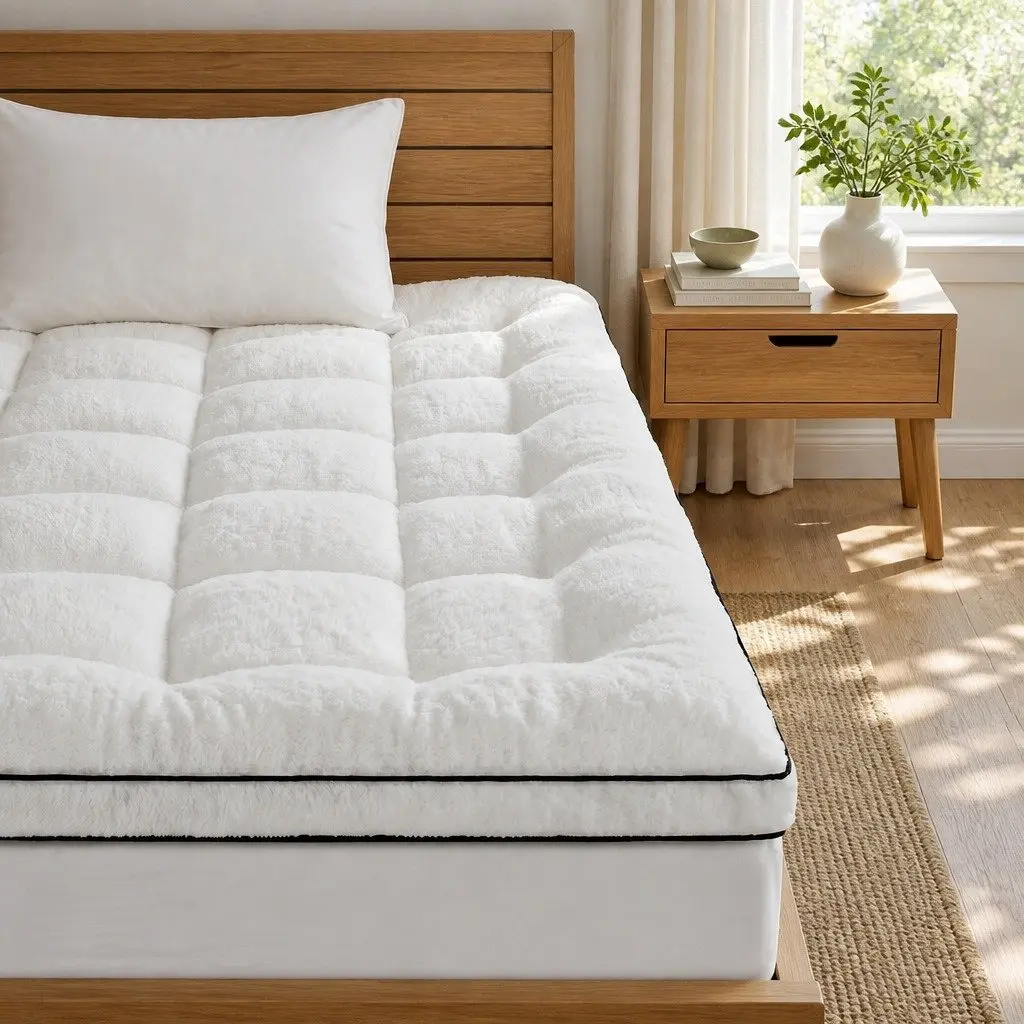 Mattress Topper Coral Fleece 5cm King Single White Pillowtop Fitted Elastic Warm